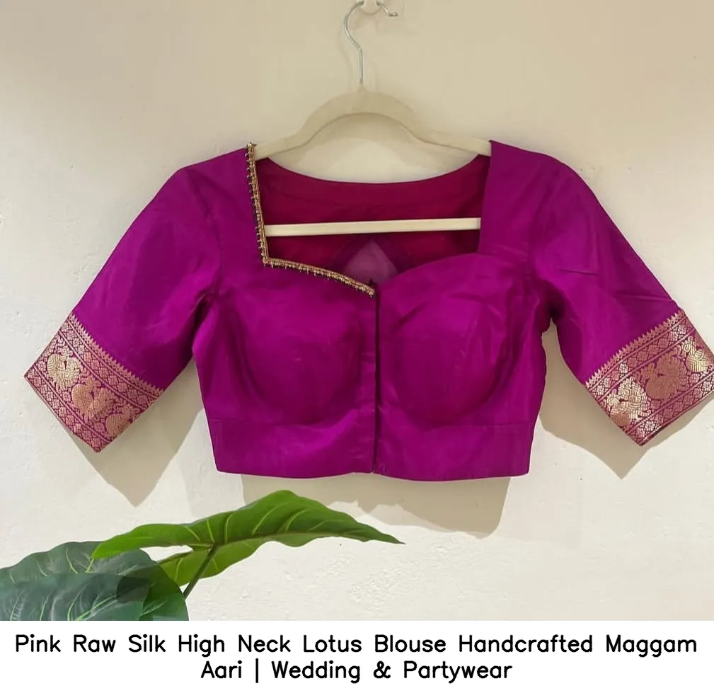 Pink Raw Silk High Neck Lotus Blouse – Handcrafted Maggam Aari | Wedding & Partywear - Image 2
