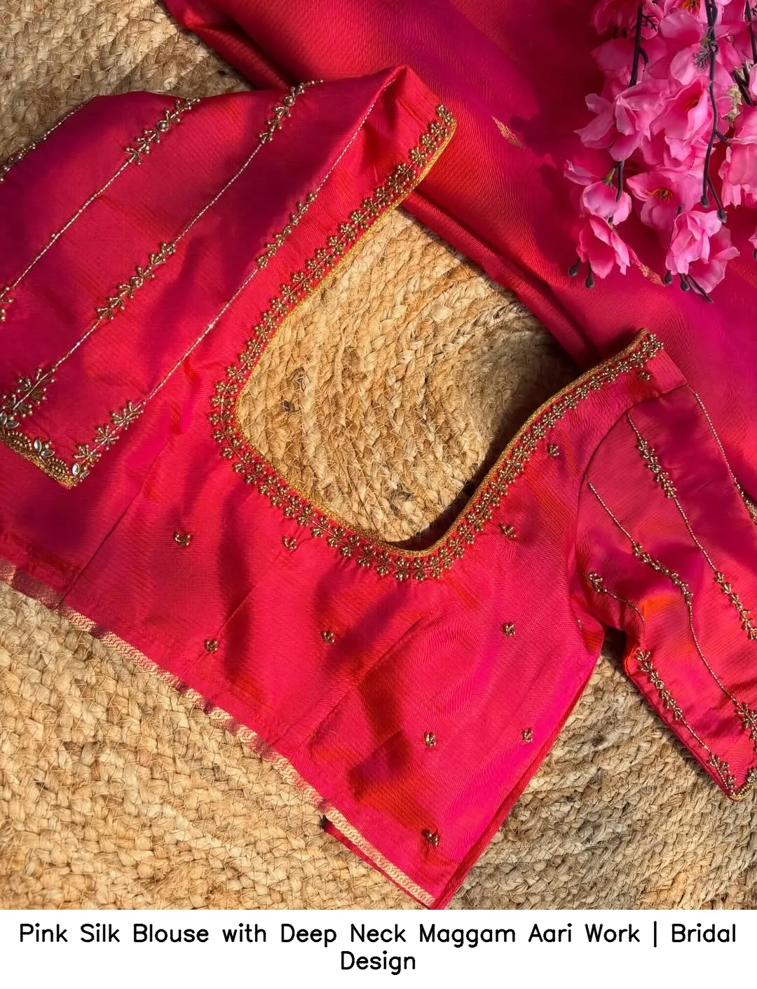 Pink Silk Blouse with Deep Neck Maggam Aari Work | Bridal Design