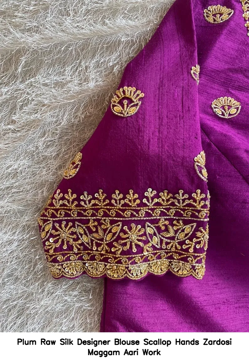 Plum Raw Silk Designer Blouse – Scallop Hands Zardosi Maggam Aari Work