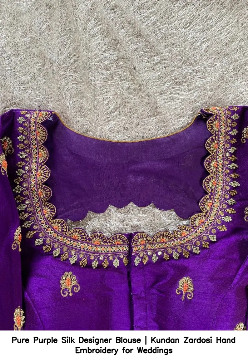Pure Purple Silk Designer Blouse | Kundan  Zardosi Hand Embroidery for Weddings