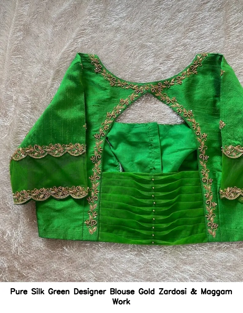 Pure Silk Green Designer Blouse – Gold Zardosi & Maggam Work