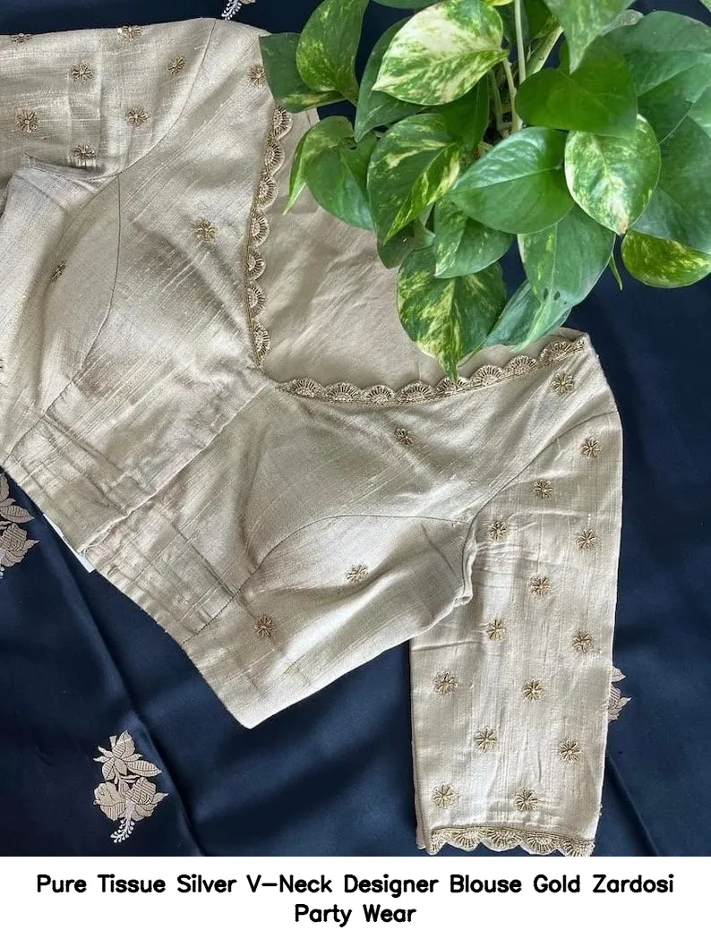 Pure Tissue Silver V-Neck Designer Blouse – Gold Zardosi Party Wear