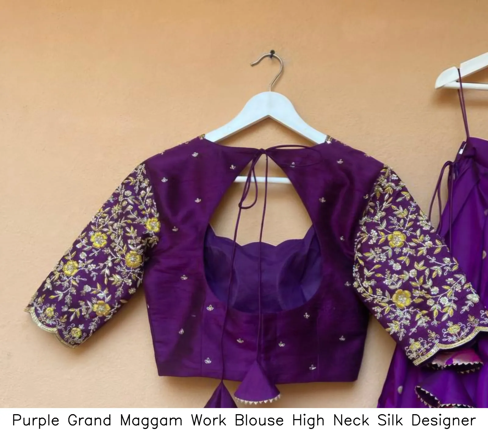 Purple Grand Maggam Work Blouse – High Neck Silk Designer - Image 2