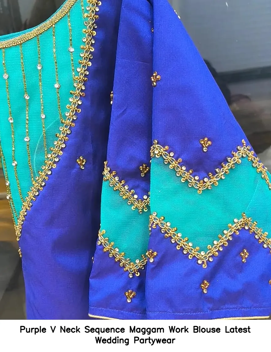 Purple V Neck Sequence Maggam Work Blouse – Latest Wedding Partywear - Image 3