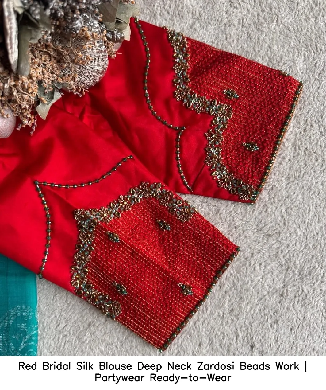Red Bridal Silk Blouse – Deep Neck Zardosi Beads Work | Partywear Ready-to-Wear - Image 2