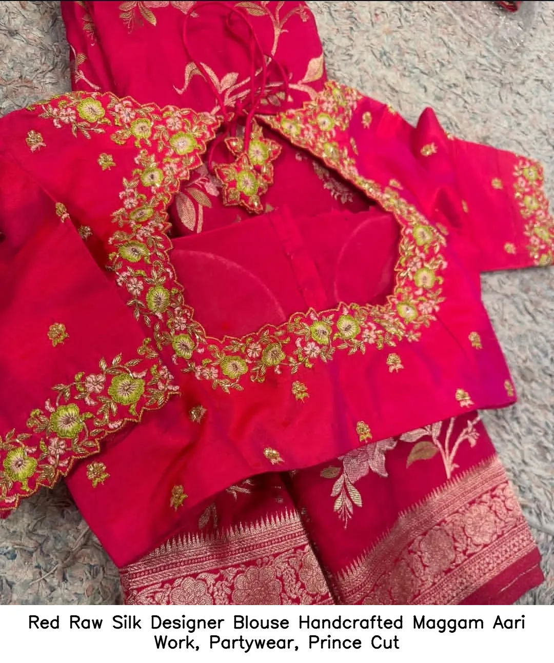 Red Raw Silk Designer Blouse – Handcrafted Maggam  Aari Work, Partywear, Prince Cut