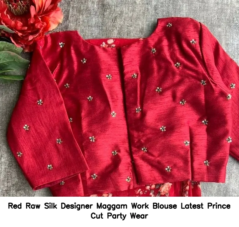 Red Raw Silk Designer Maggam Work Blouse – Latest Prince Cut Party Wear - Image 4