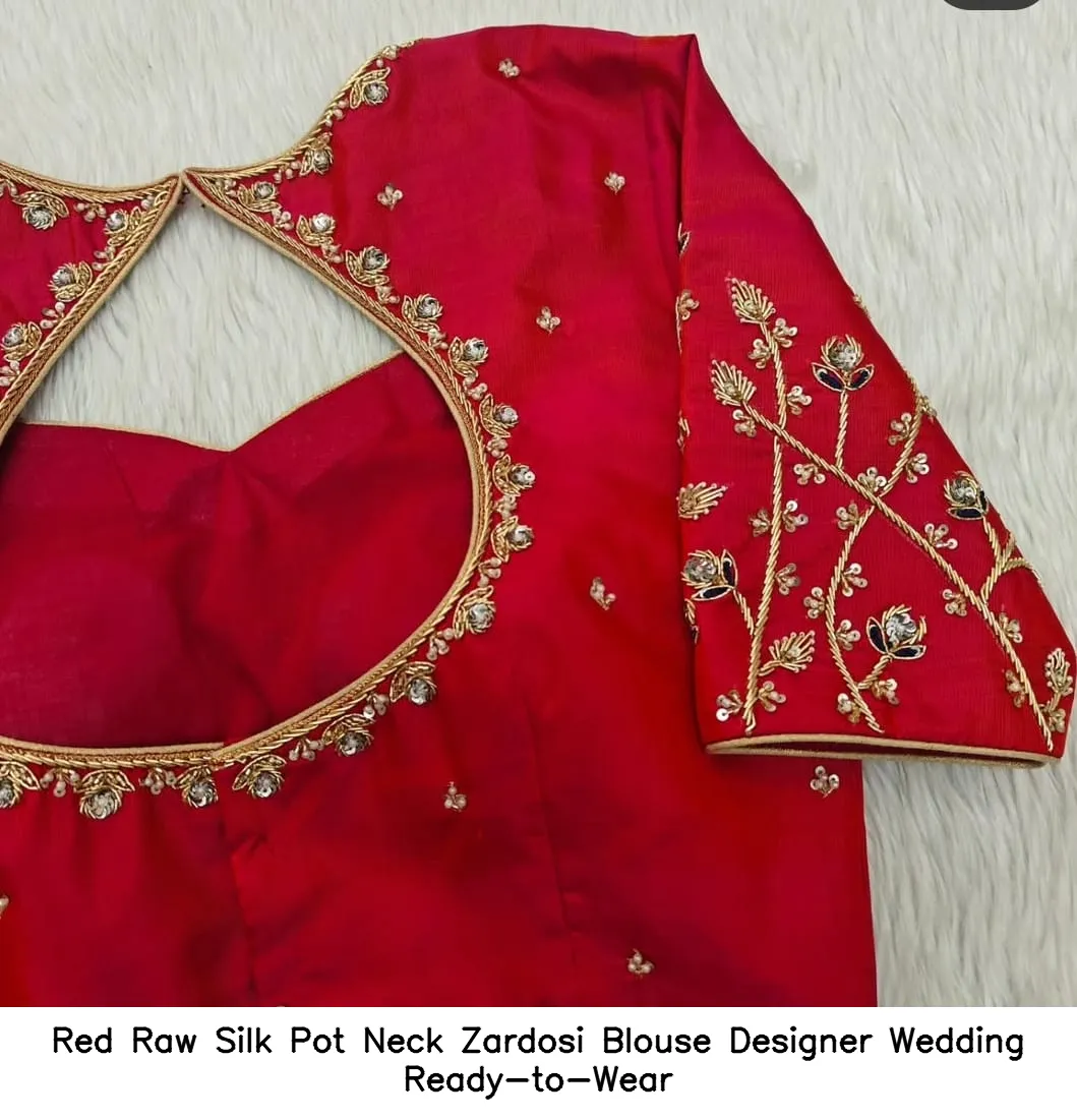Red Raw Silk Pot Neck Zardosi Blouse – Designer Wedding Ready-to-Wear - Image 2