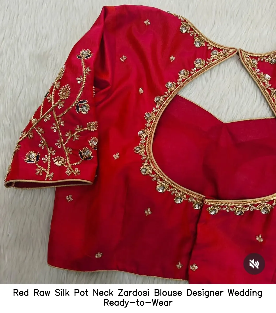 Red Raw Silk Pot Neck Zardosi Blouse – Designer Wedding Ready-to-Wear - Image 3