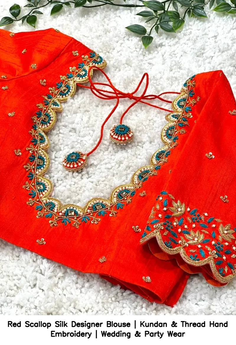 Red Scallop Silk Designer Blouse | Kundan & Thread Hand Embroidery | Wedding & Party Wear