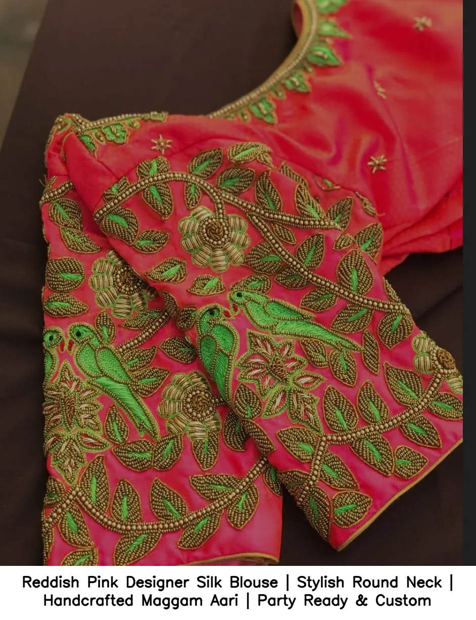 Reddish Pink Designer Silk Blouse | Stylish Round Neck | Handcrafted Maggam Aari | Party Ready & Custom - Image 2