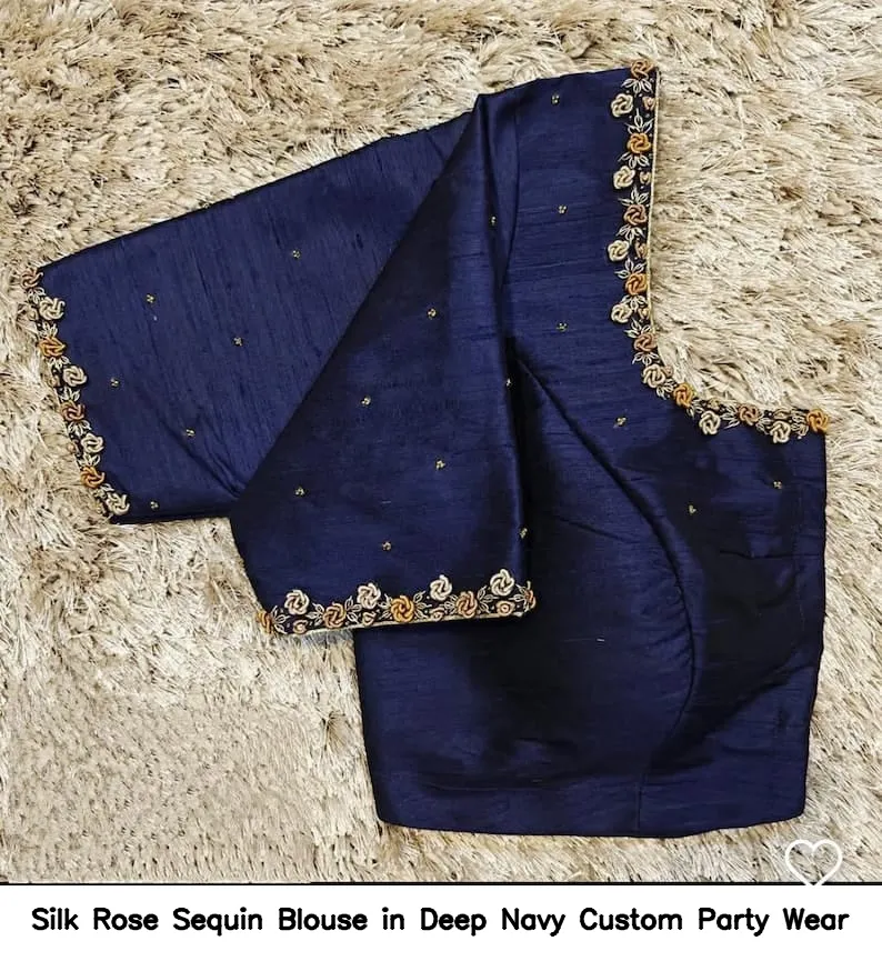 Silk Rose Sequin Blouse in Deep Navy – Custom Party Wear