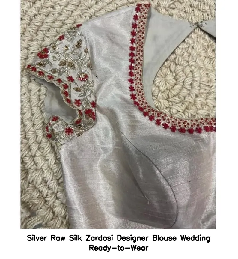 Silver Raw Silk Zardosi Designer Blouse – Wedding Ready-to-Wear - Image 3