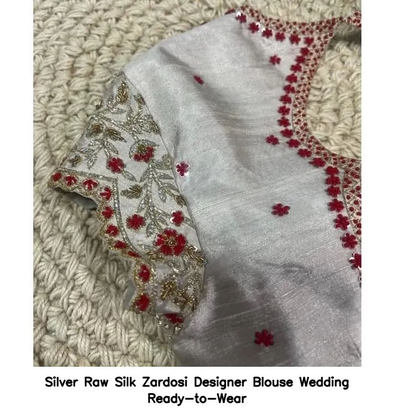 Silver Raw Silk Zardosi Designer Blouse – Wedding Ready-to-Wear - Image 5