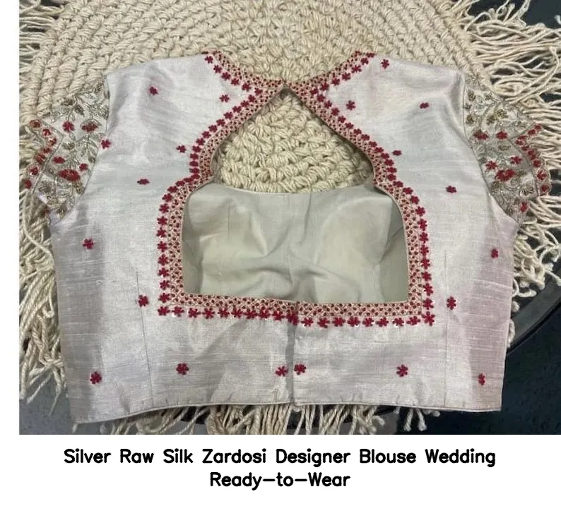 Silver Raw Silk Zardosi Designer Blouse – Wedding Ready-to-Wear - Image 6