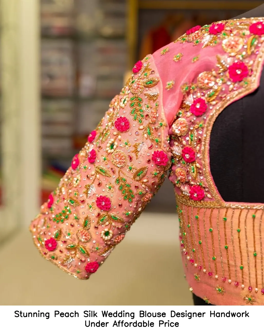 Stunning Peach Silk Wedding Blouse – Designer Handwork Under Affordable Price