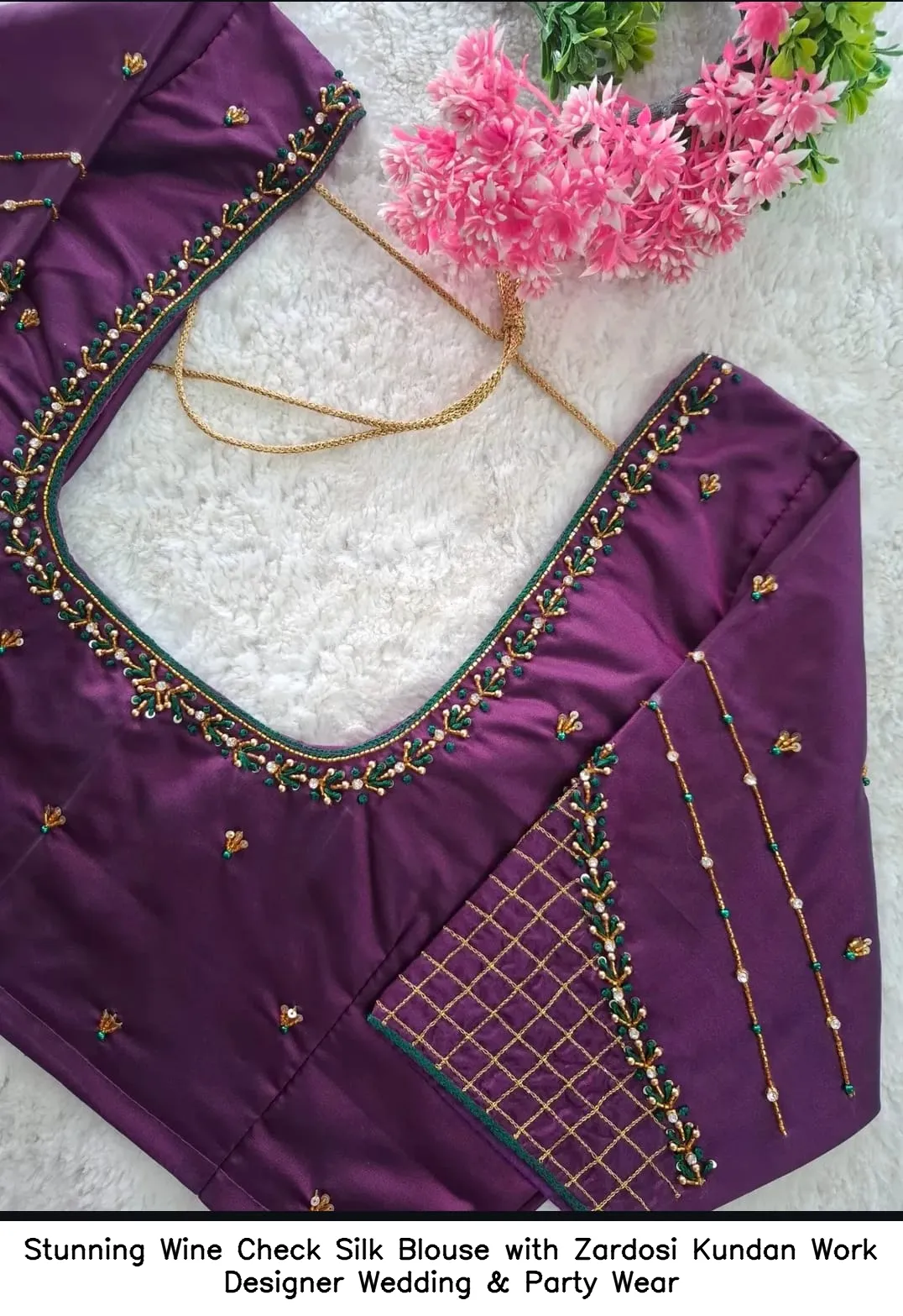 Stunning Wine Check Silk Blouse with Zardosi  Kundan Work – Designer Wedding & Party Wear