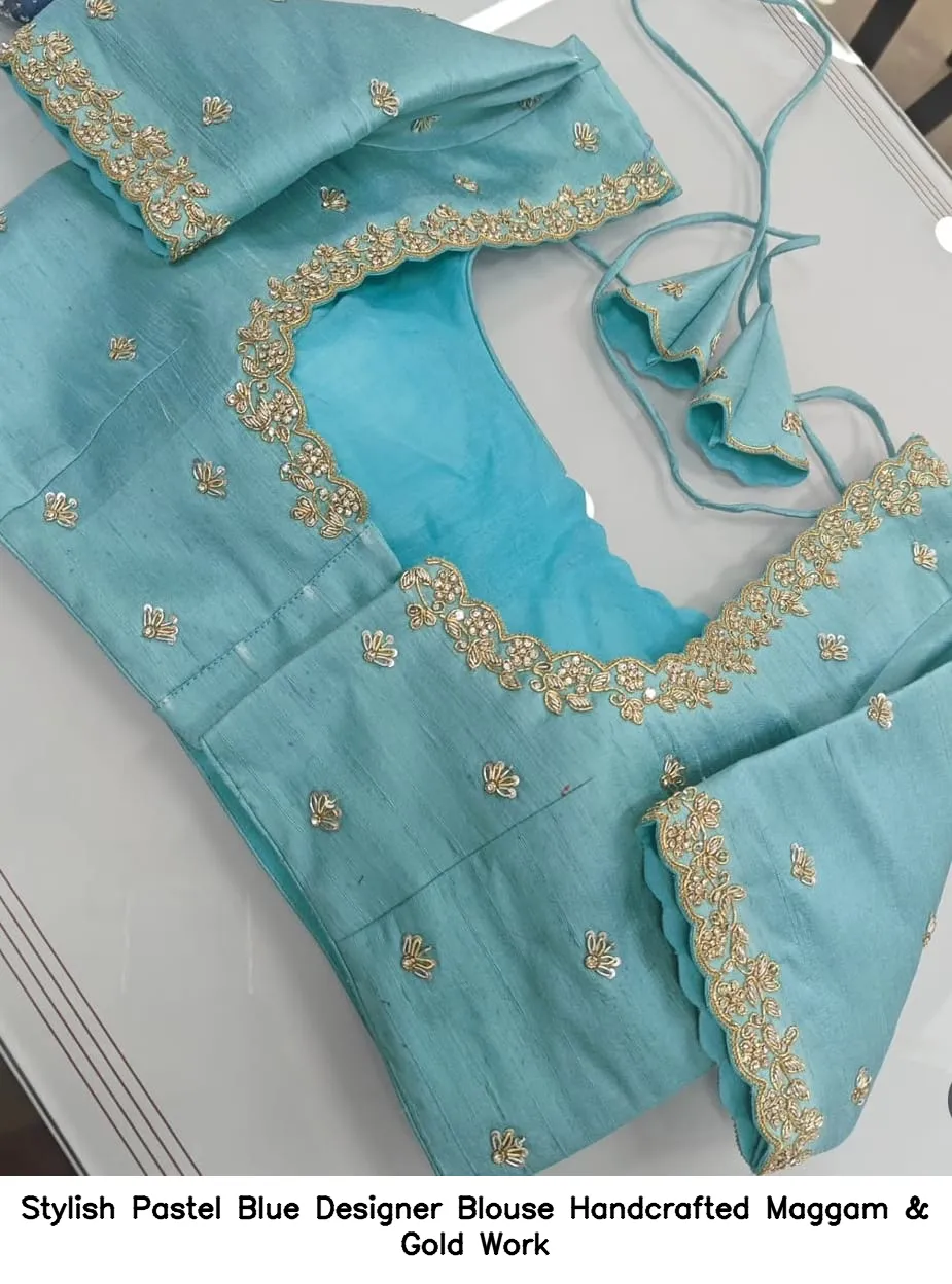 Stylish Pastel Blue Designer Blouse – Handcrafted Maggam & Gold Work