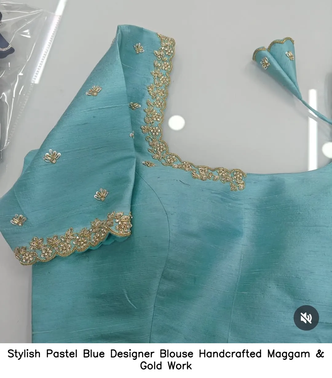 Stylish Pastel Blue Designer Blouse – Handcrafted Maggam & Gold Work - Image 2