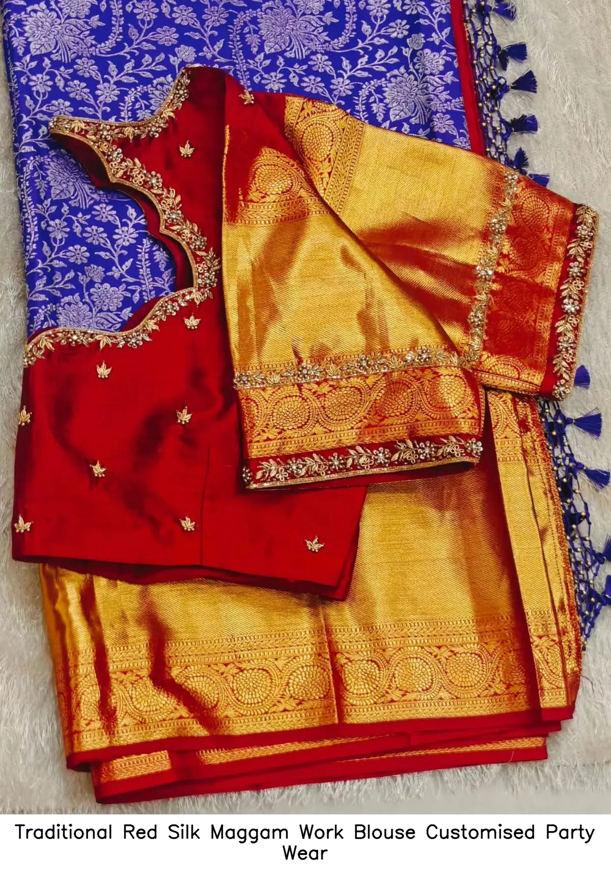 Traditional Red Silk Maggam Work Blouse – Customised Party Wear - Image 2