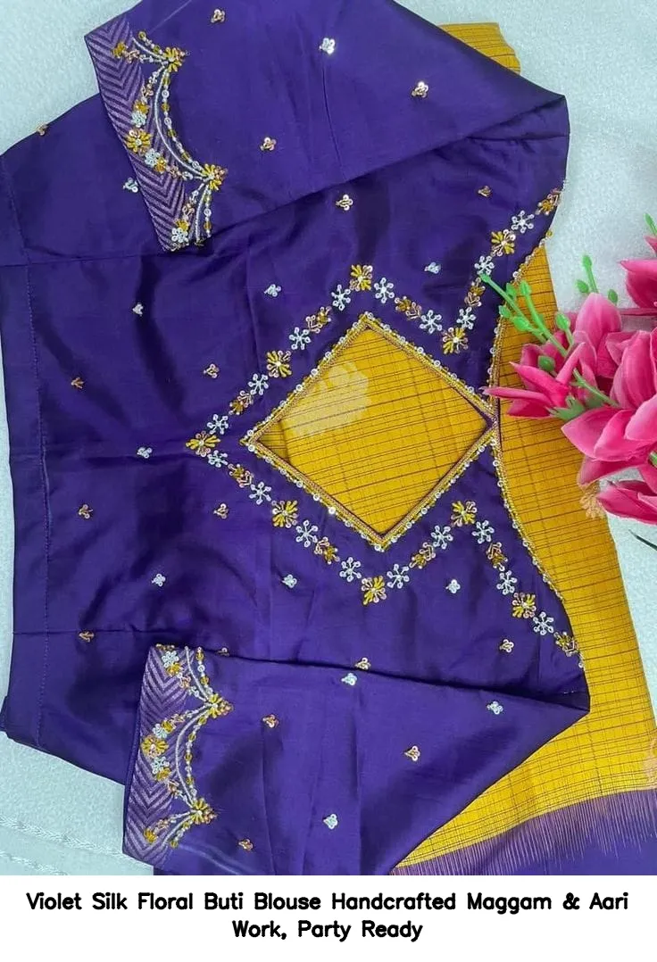 Violet Silk Floral Buti Blouse – Handcrafted Maggam & Aari Work, Party Ready