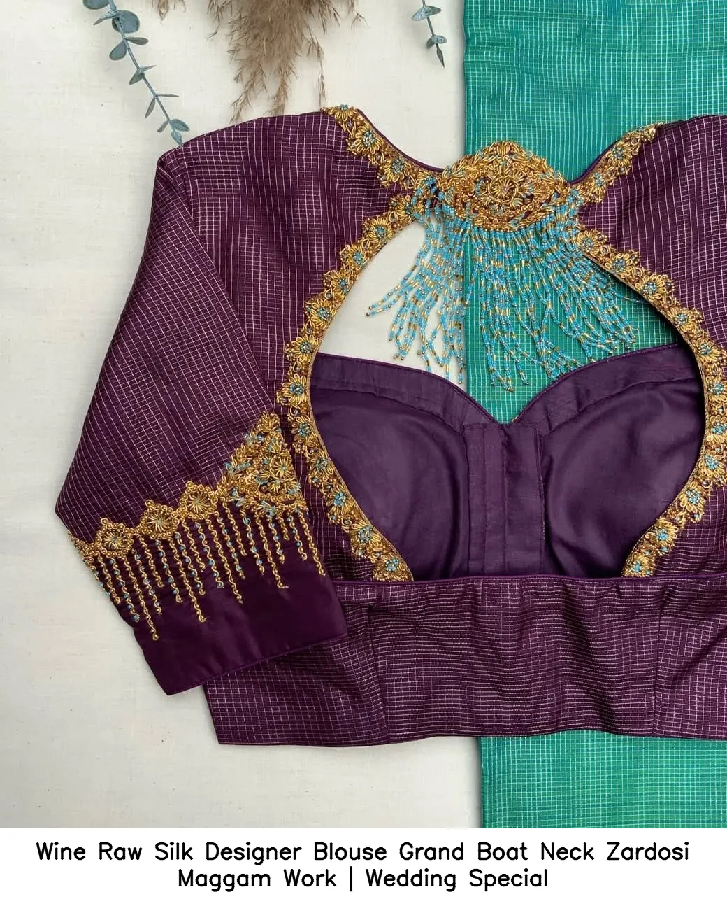 Wine Raw Silk Designer Blouse – Grand Boat Neck Zardosi Maggam Work | Wedding Special