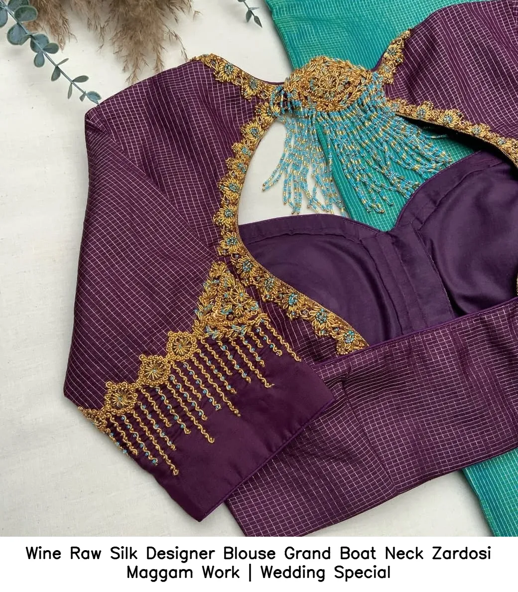 Wine Raw Silk Designer Blouse – Grand Boat Neck Zardosi Maggam Work | Wedding Special - Image 2