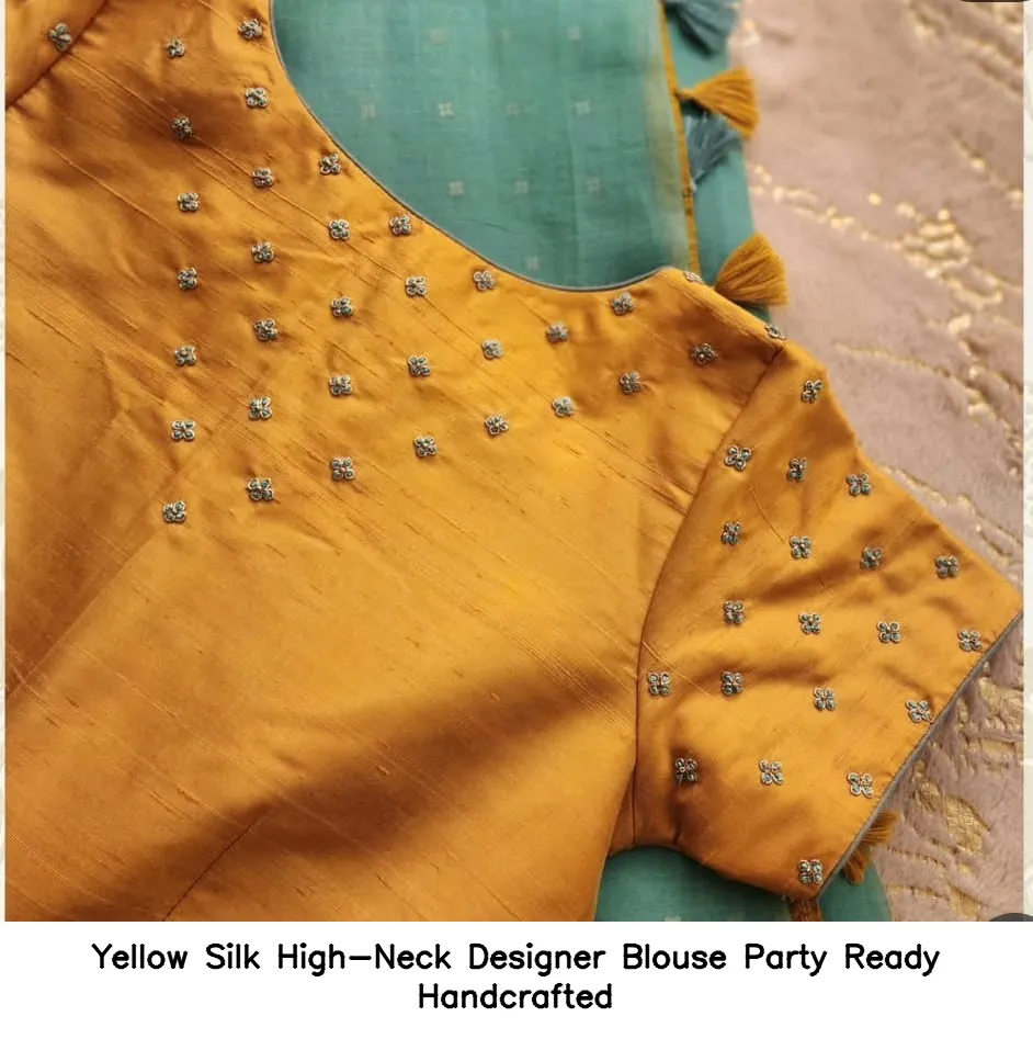 Yellow Silk High-Neck Designer Blouse – Party Ready  Handcrafted