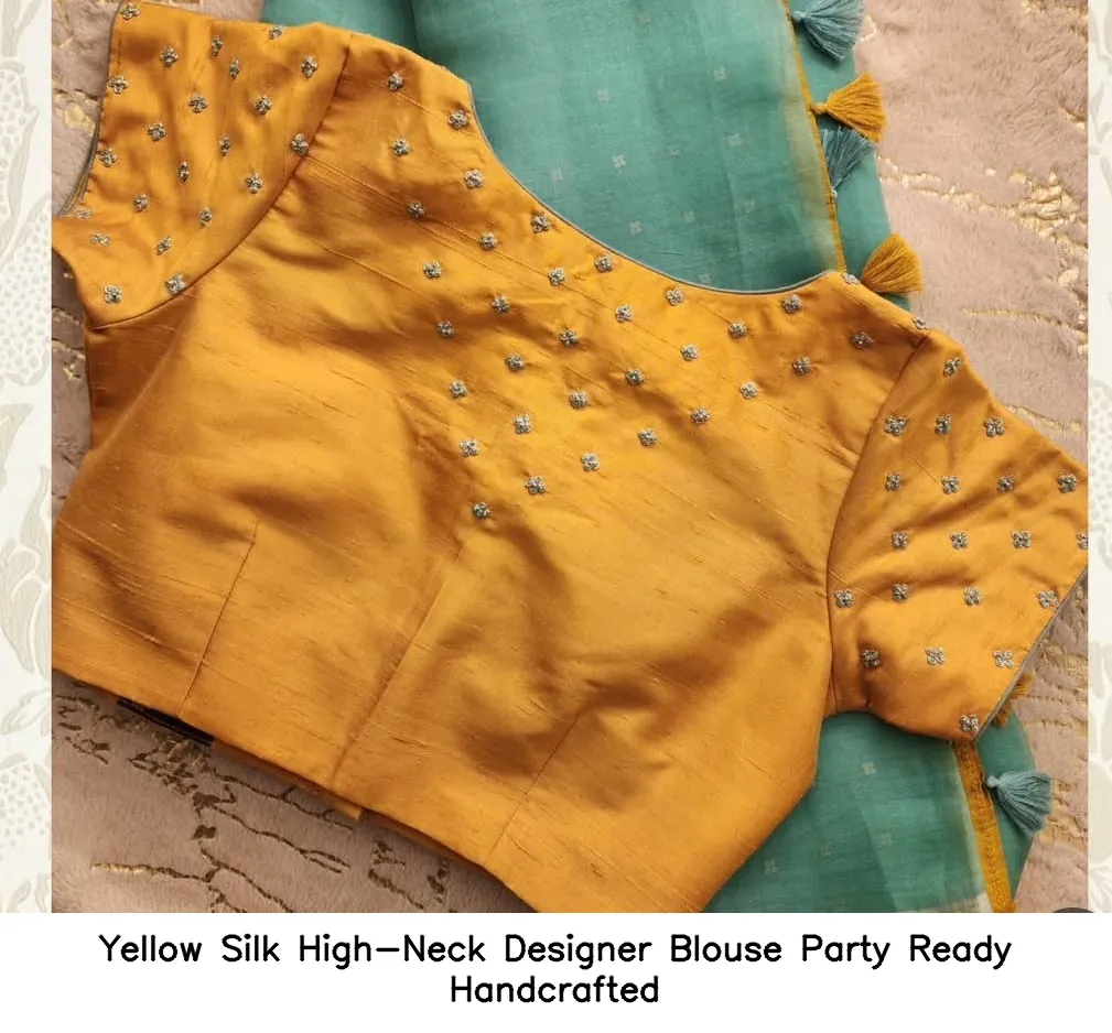 Yellow Silk High-Neck Designer Blouse – Party Ready Handcrafted - Image 2