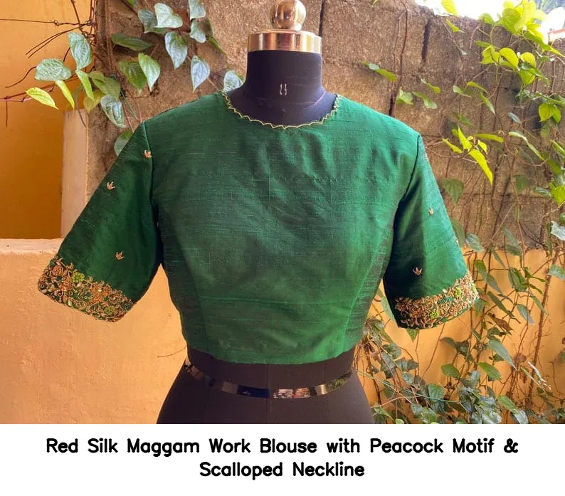 ​ ​Red Silk Maggam Work Blouse with Peacock Motif & Scalloped Neckline