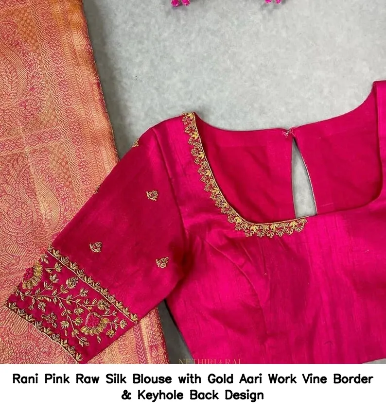 ​Rani Pink Raw Silk Blouse with Gold Aari Work Vine Border & Keyhole Back Design