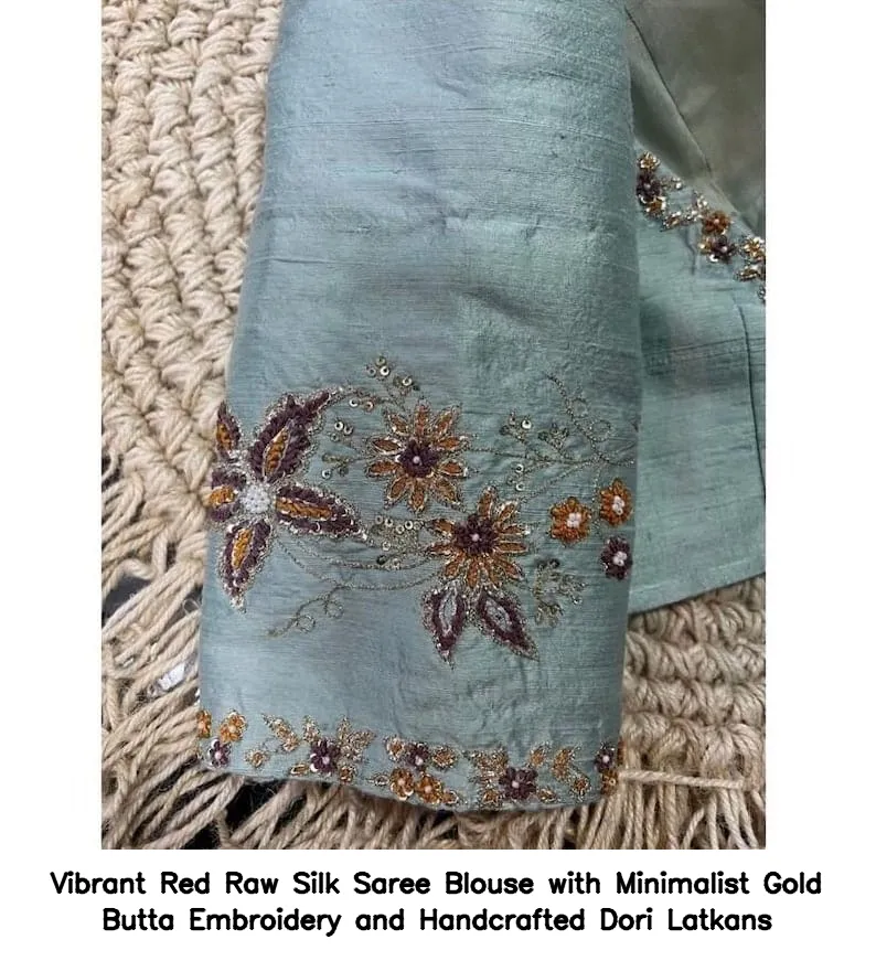 ​Vibrant Red Raw Silk Saree Blouse with Minimalist Gold Butta Embroidery and Handcrafted Dori Latkans