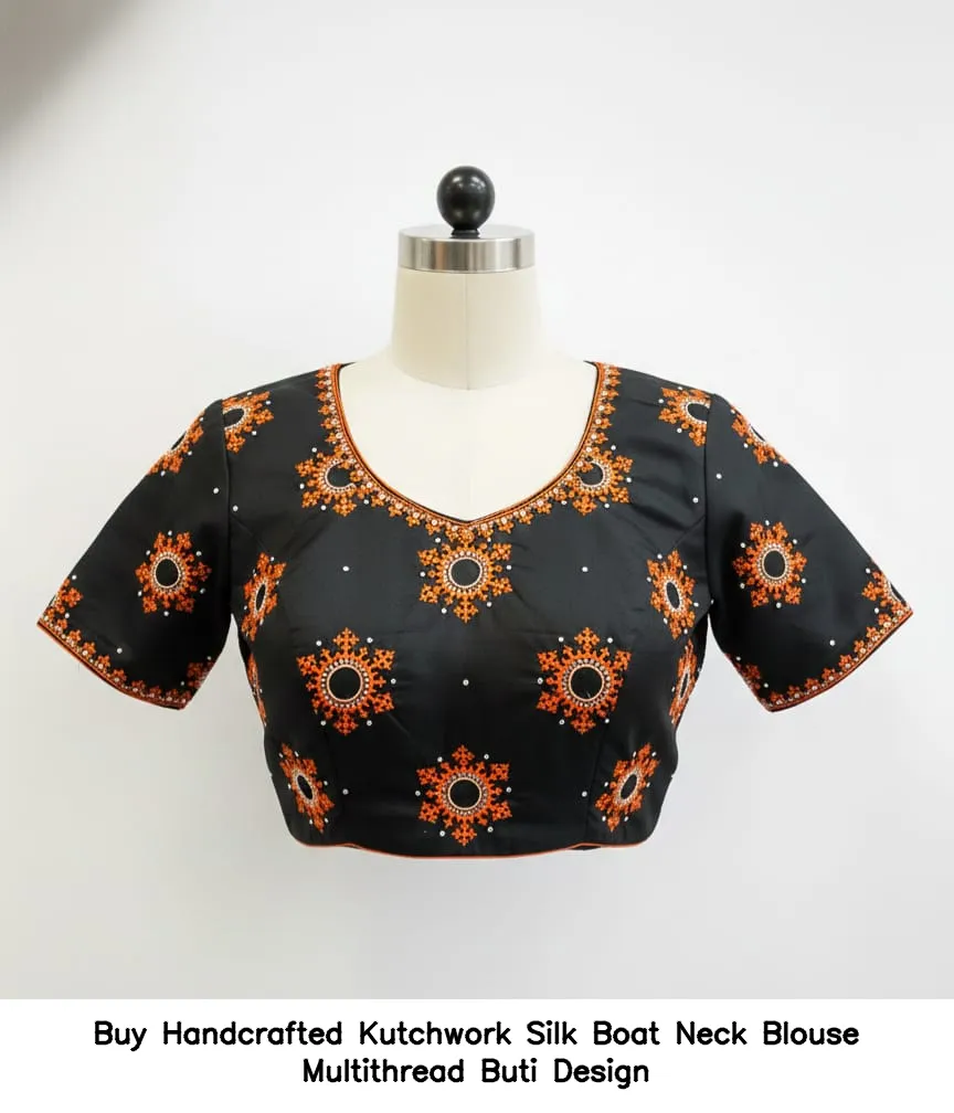 ​​​​Buy Handcrafted Kutchwork Silk Boat Neck Blouse – Multithread Buti Design