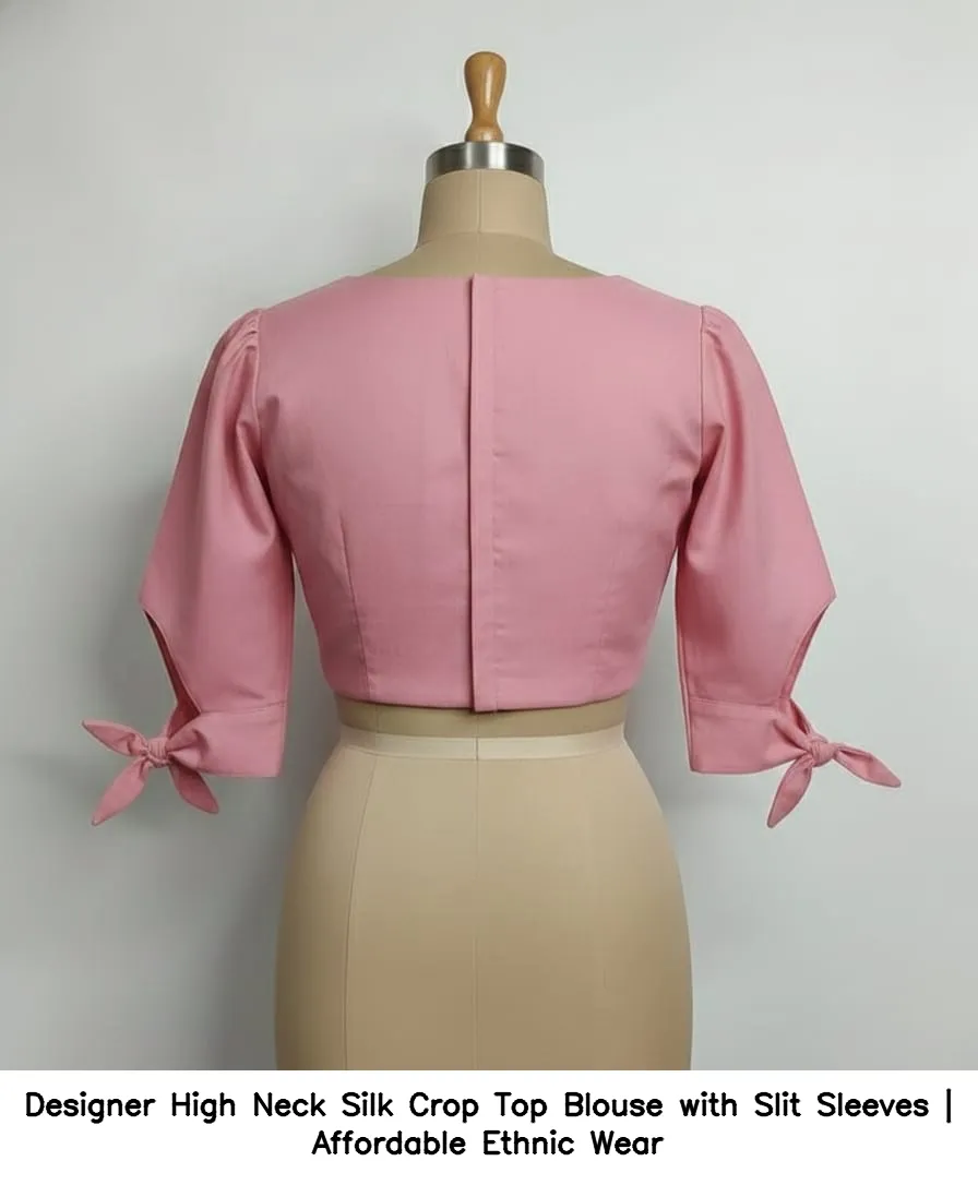 ​​​​Designer High Neck Silk Crop Top Blouse with Slit Sleeves | Affordable Ethnic Wear