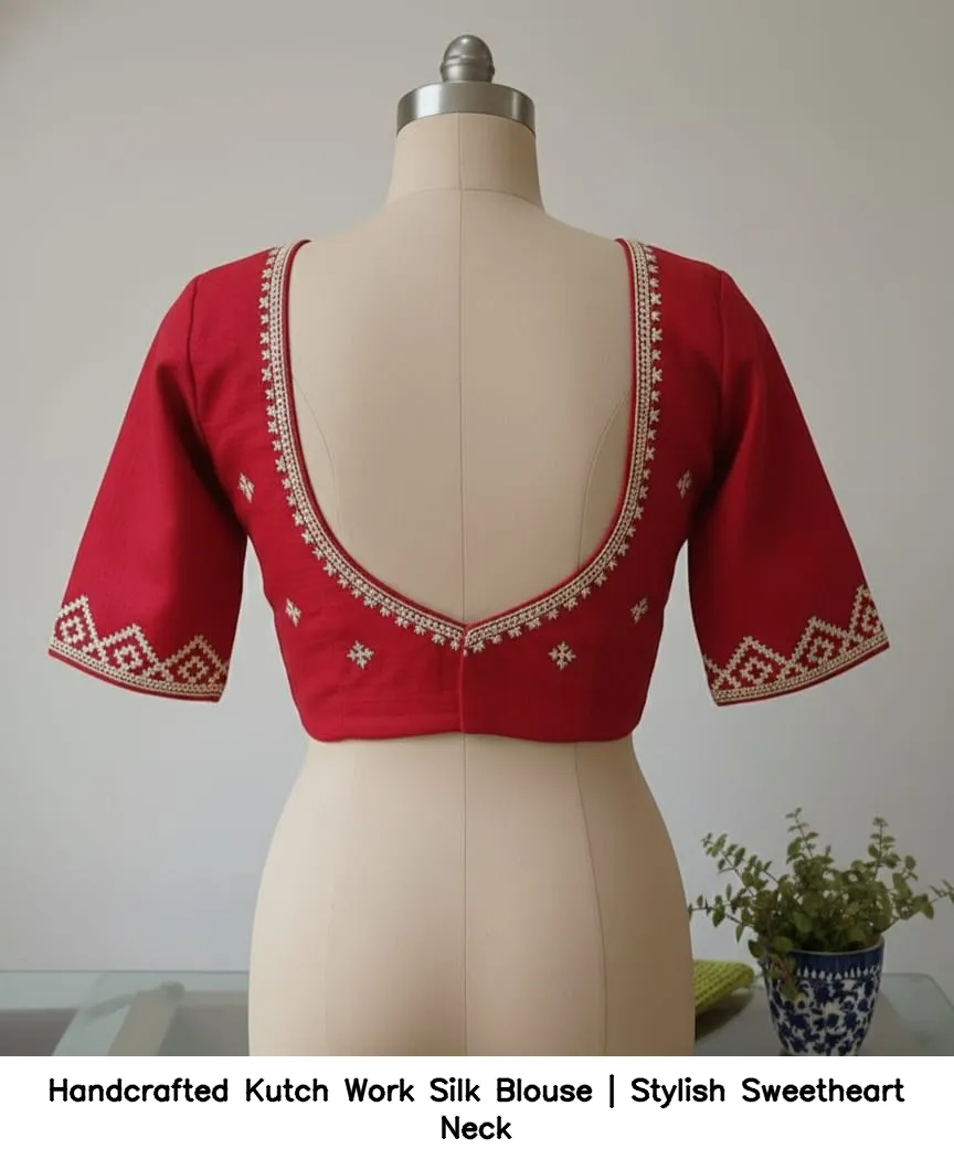 ​​​​Handcrafted Kutch Work Silk Blouse | Stylish Sweetheart Neck