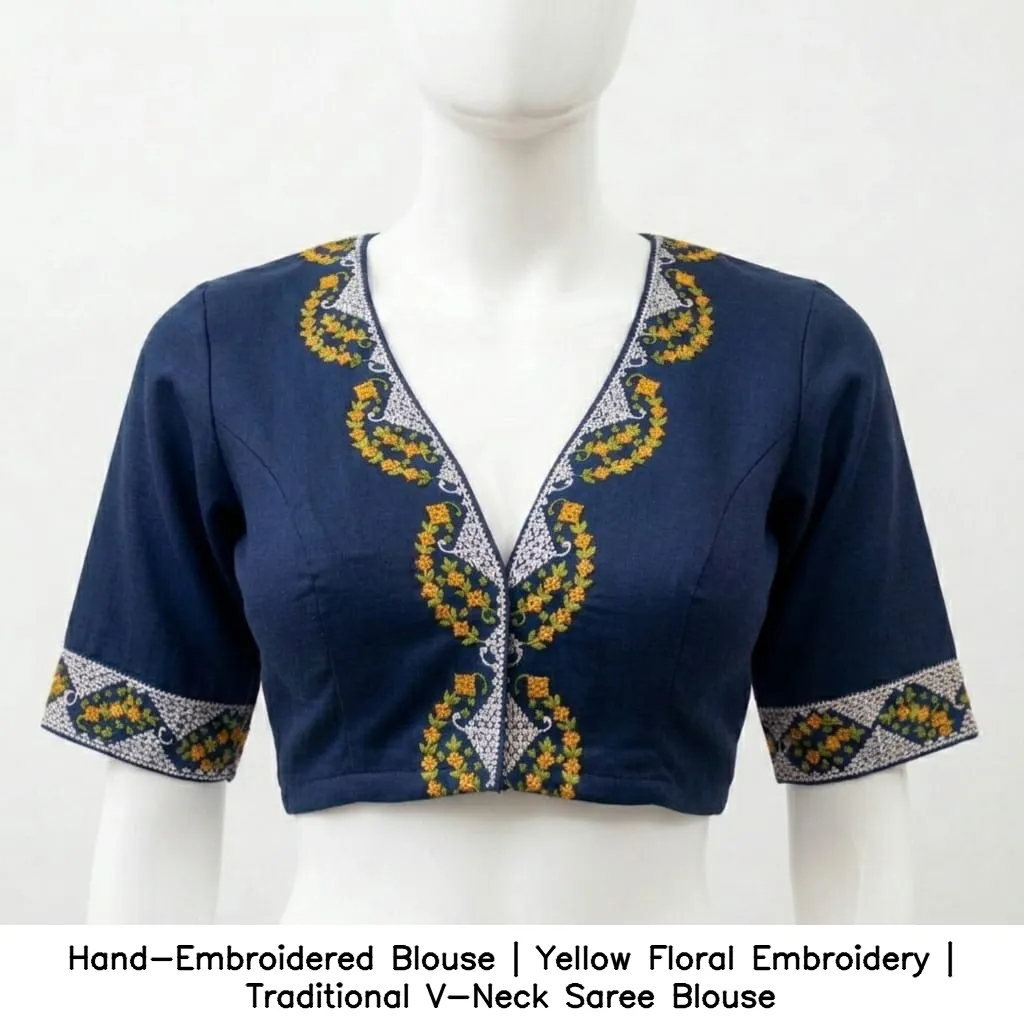 ​​​​​Hand-Embroidered Blouse | Yellow Floral Embroidery | Traditional V-Neck Saree Blouse