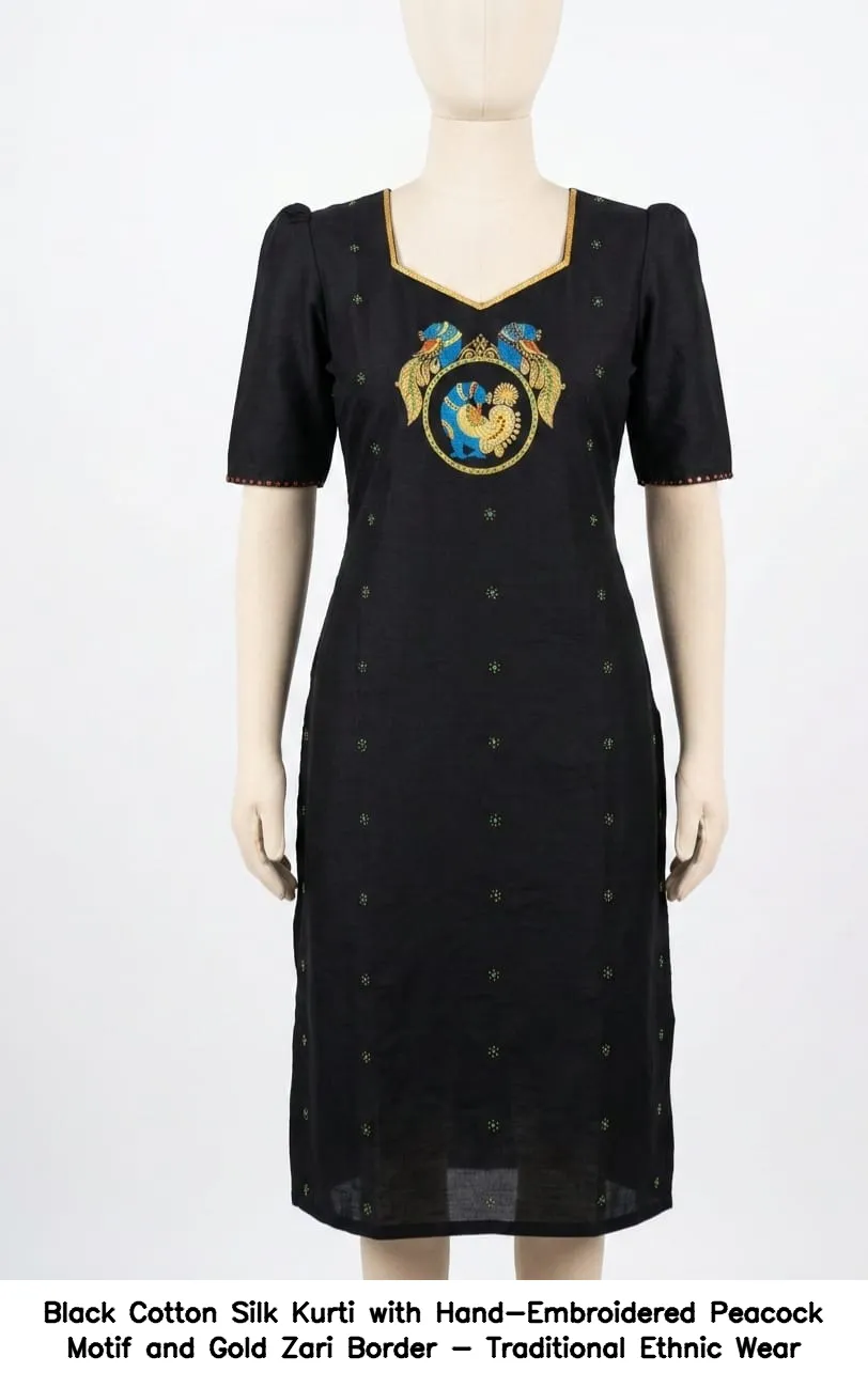 Black Cotton Silk Kurti with Hand-Embroidered Peacock Motif and Gold Zari Border - Traditional Ethnic Wear
