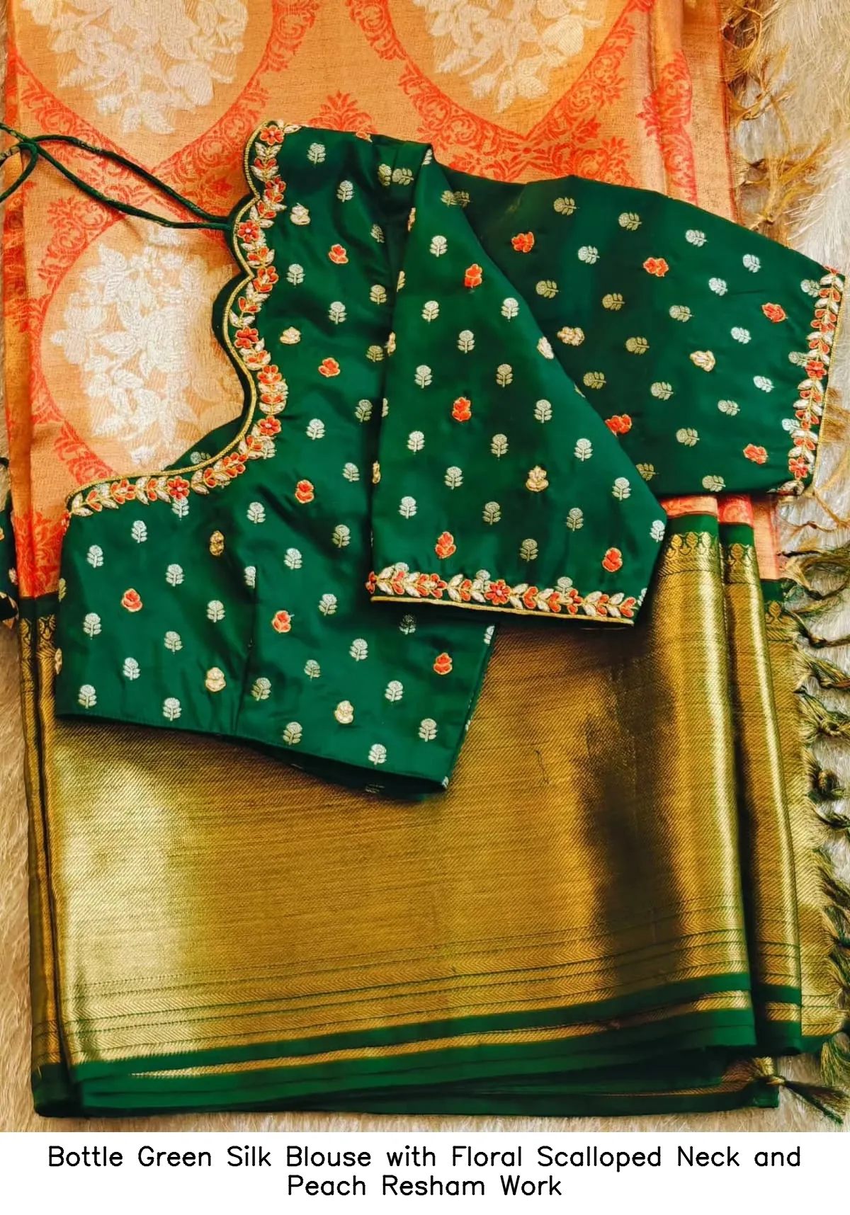 Bottle Green Silk Blouse with Floral Scalloped Neck and Peach Resham Work