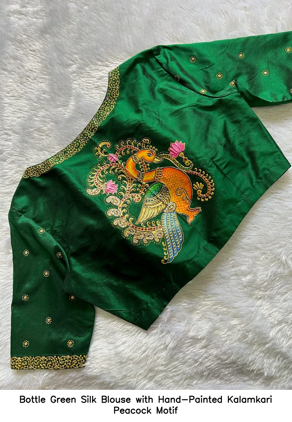 Bottle Green Silk Blouse with Hand-Painted Kalamkari Peacock Motif