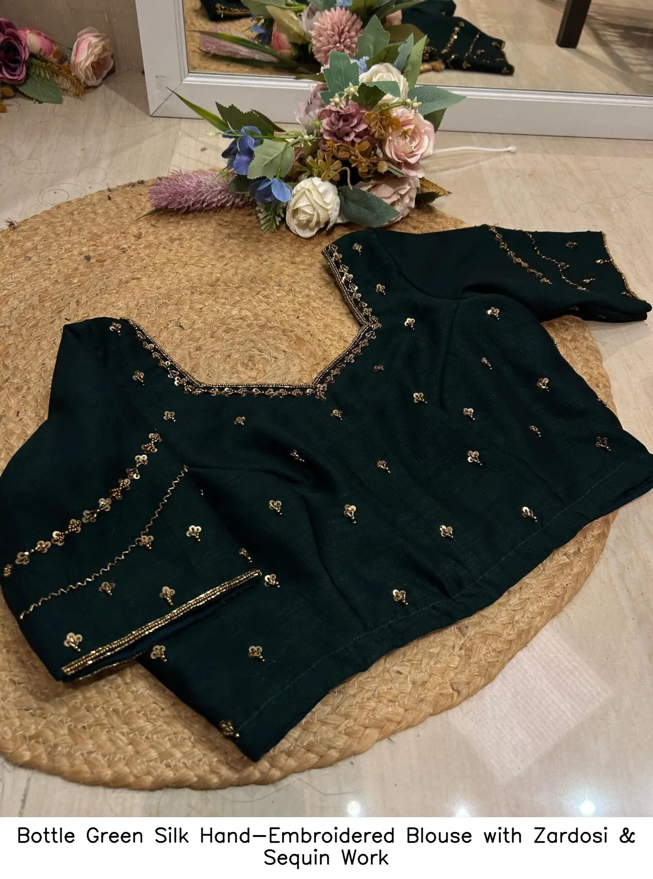 Bottle Green Silk Hand-Embroidered Blouse with Zardosi & Sequin Work