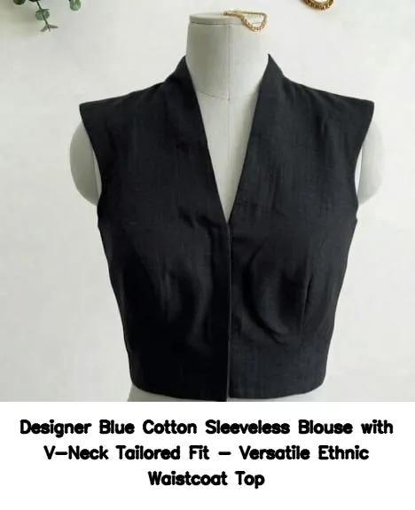 Designer Blue Cotton Sleeveless Blouse with V-Neck Tailored Fit - Versatile Ethnic Waistcoat Top