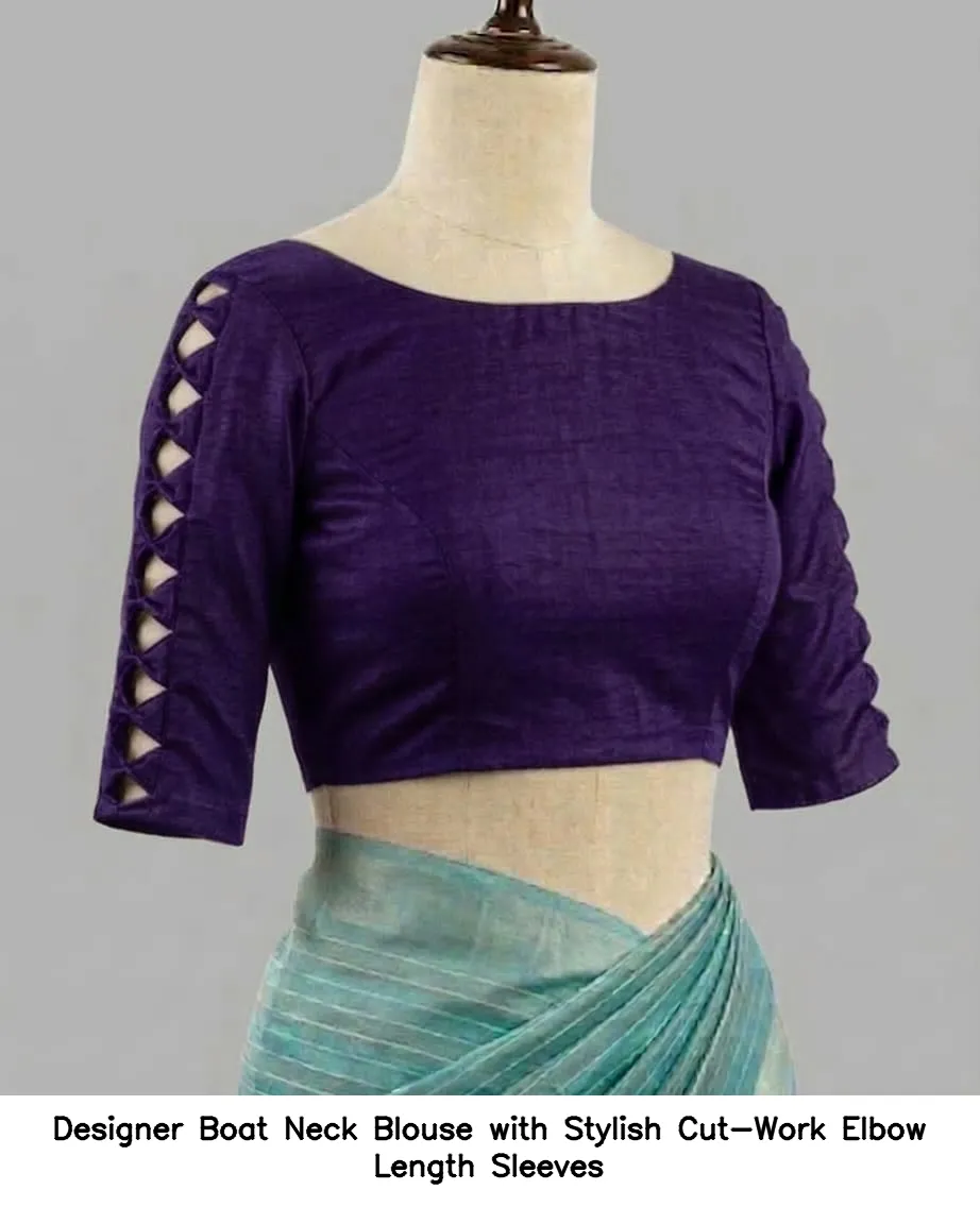 Designer Boat Neck Blouse with Stylish Cut-Work Elbow Length Sleeves