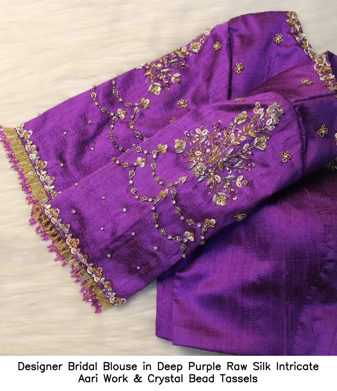 Designer Bridal Blouse in Deep Purple Raw Silk – Intricate Aari Work & Crystal Bead Tassels