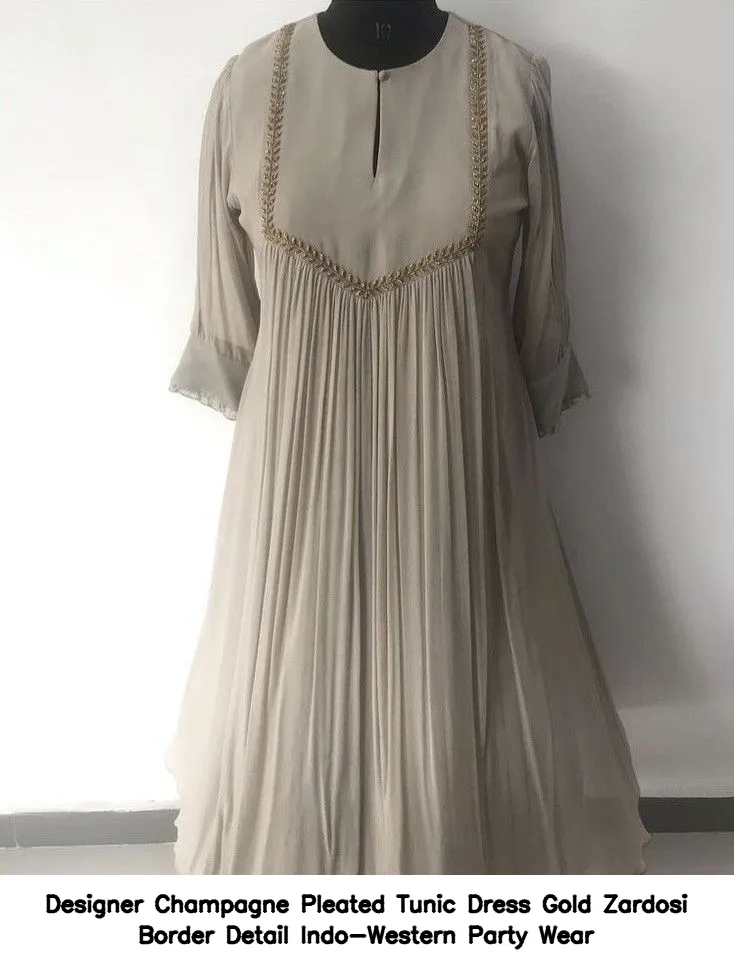 Designer Champagne Pleated Tunic Dress – Gold Zardosi Border Detail – Indo-Western Party Wear