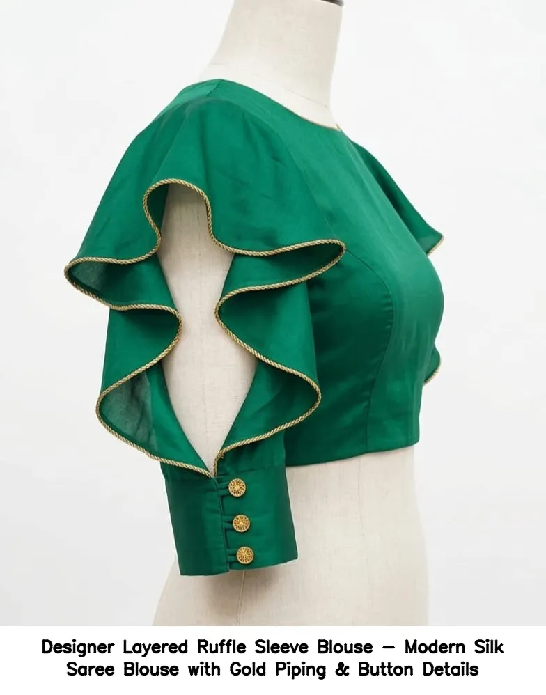 Designer Layered Ruffle Sleeve Blouse - Modern Silk Saree Blouse with Gold Piping & Button Details