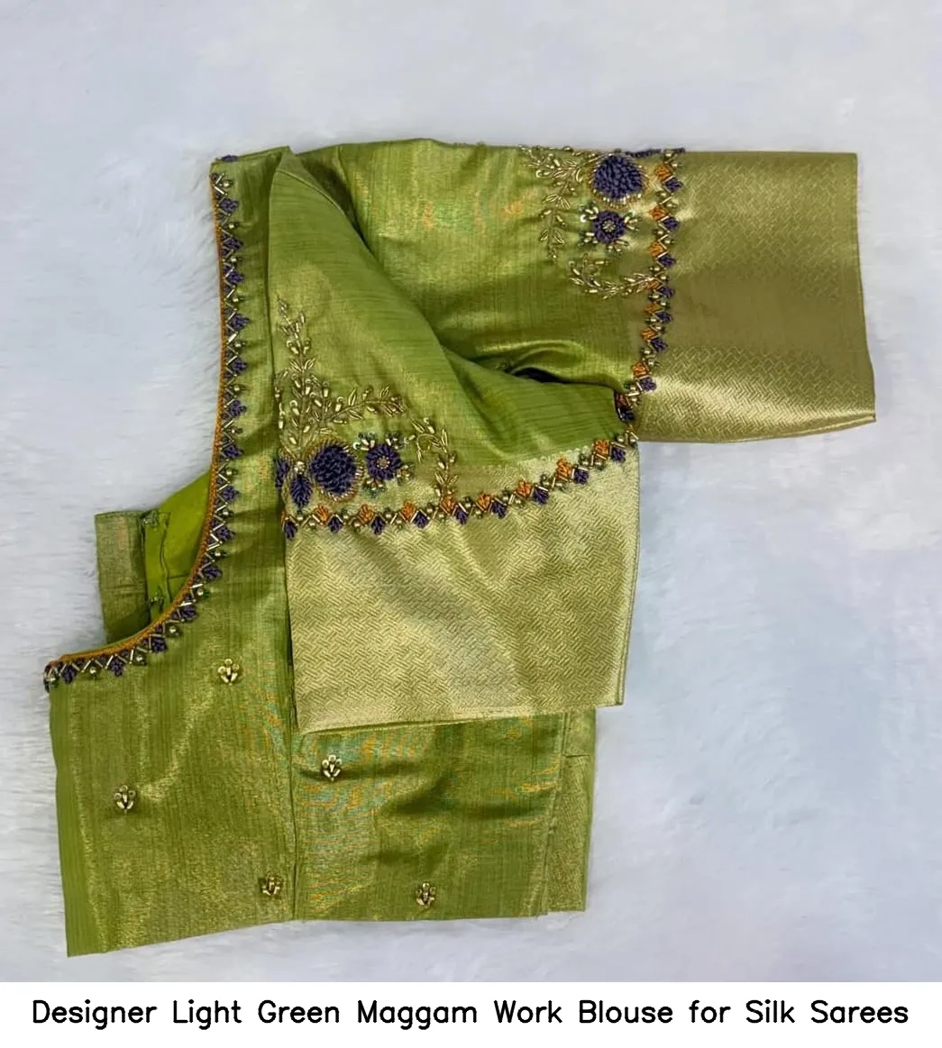 Designer Light Green Maggam Work Blouse for Silk Sarees