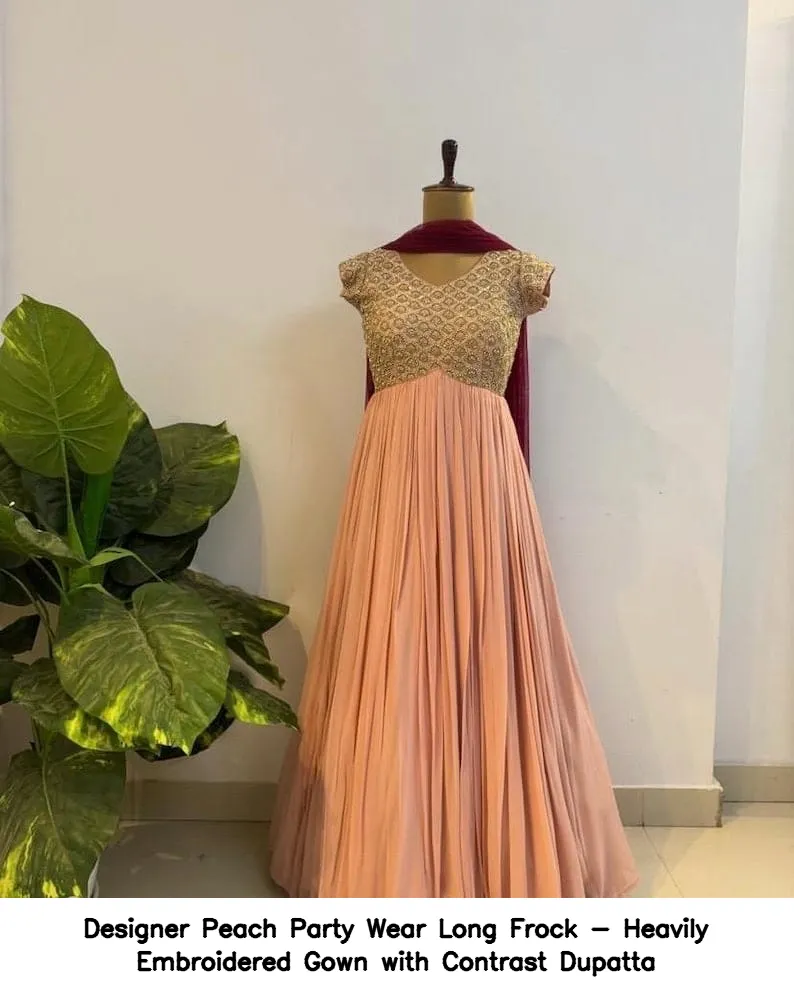 Designer Peach Party Wear Long Frock - Heavily Embroidered Gown with Contrast Dupatta