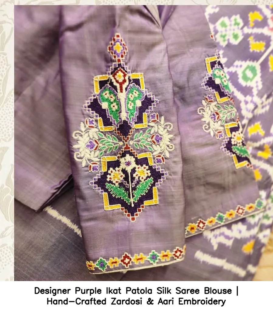 Designer Purple Ikat Patola Silk Saree Blouse | Hand-Crafted Zardosi & Aari Embroidery