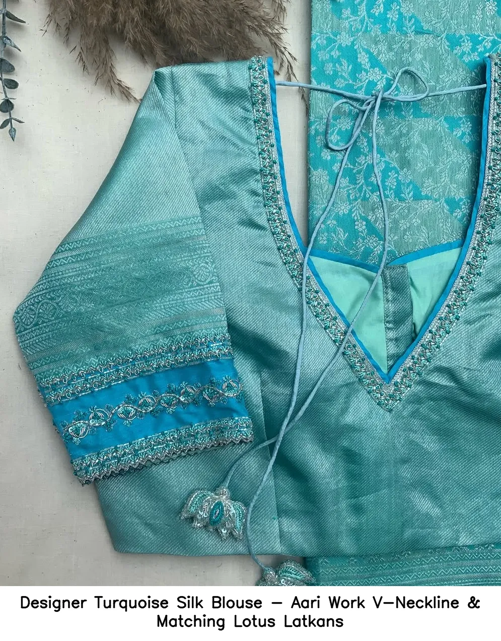 Designer Turquoise Silk Blouse - Aari Work V-Neckline & Matching Lotus Latkans - Image 2