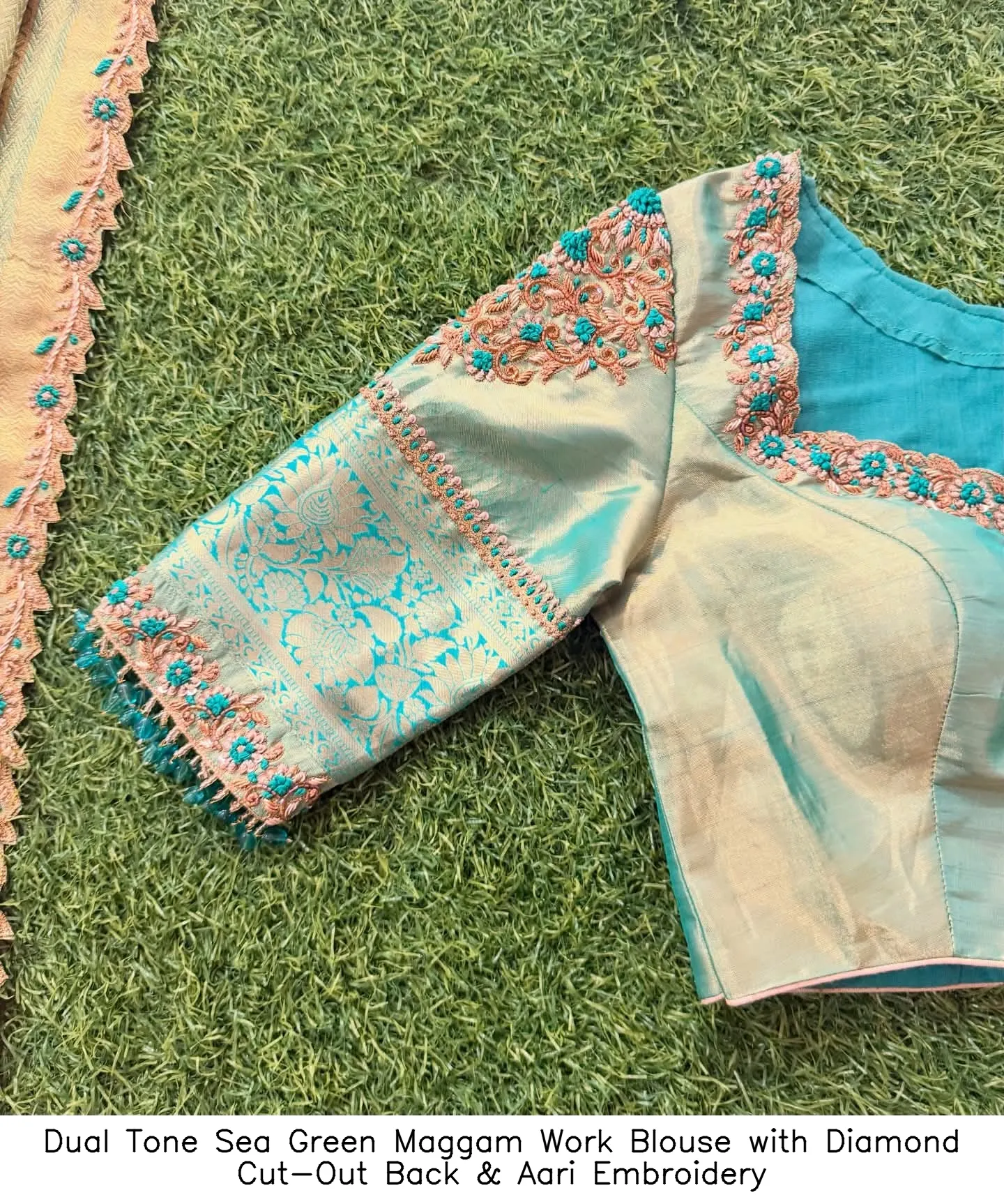 Dual Tone Sea Green Maggam Work Blouse with Diamond Cut-Out Back & Aari Embroidery